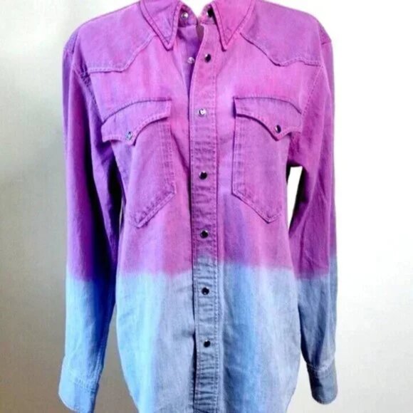 Isabel Marant Etoile Pitti Ombre Denim Western Pearl Snap Shirt Purple Pink Blue - Picture 7 of 10